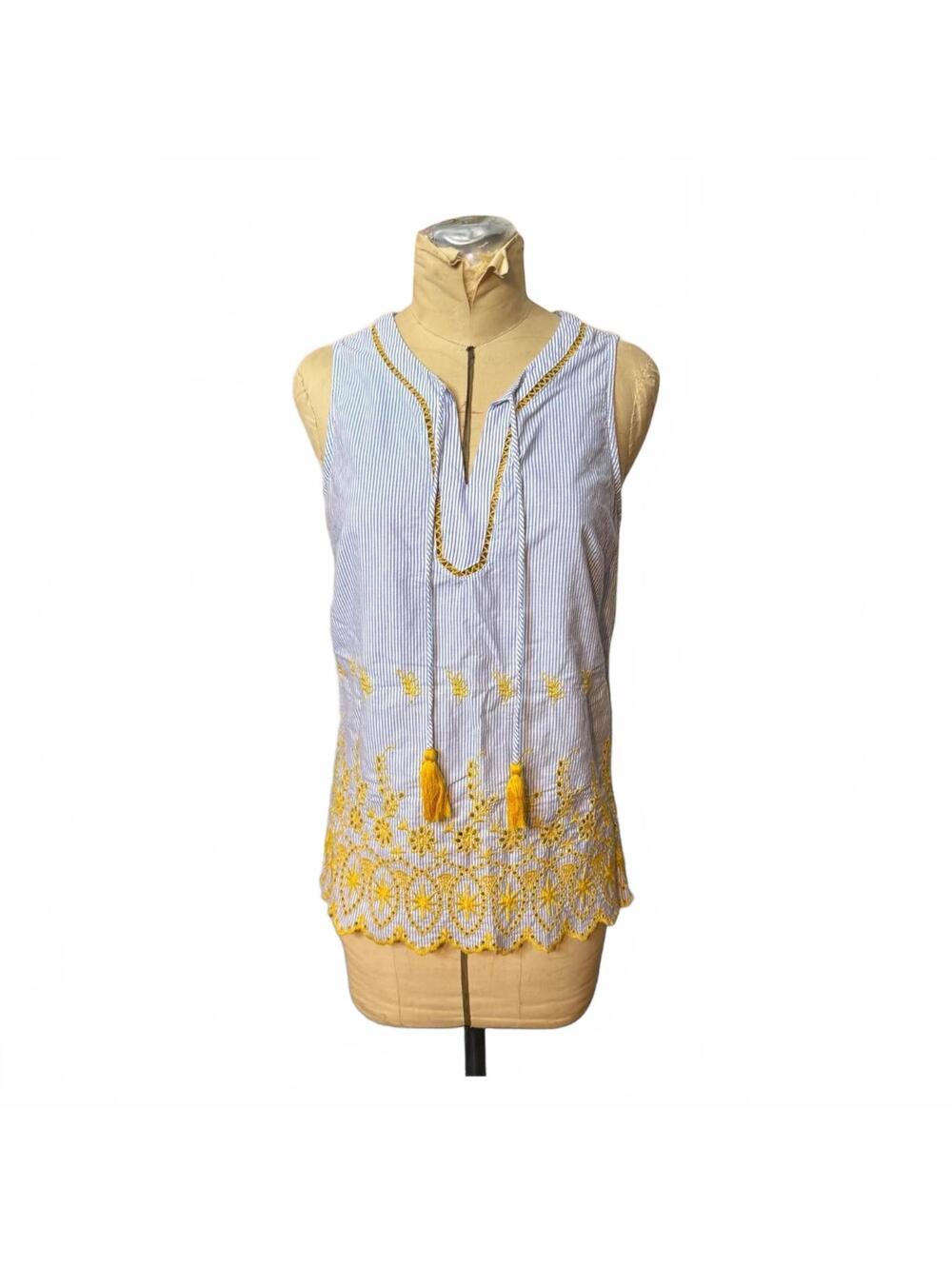 Skies Are Blue Blue and White Striped Sleeveless Top with Yellow Embroidery